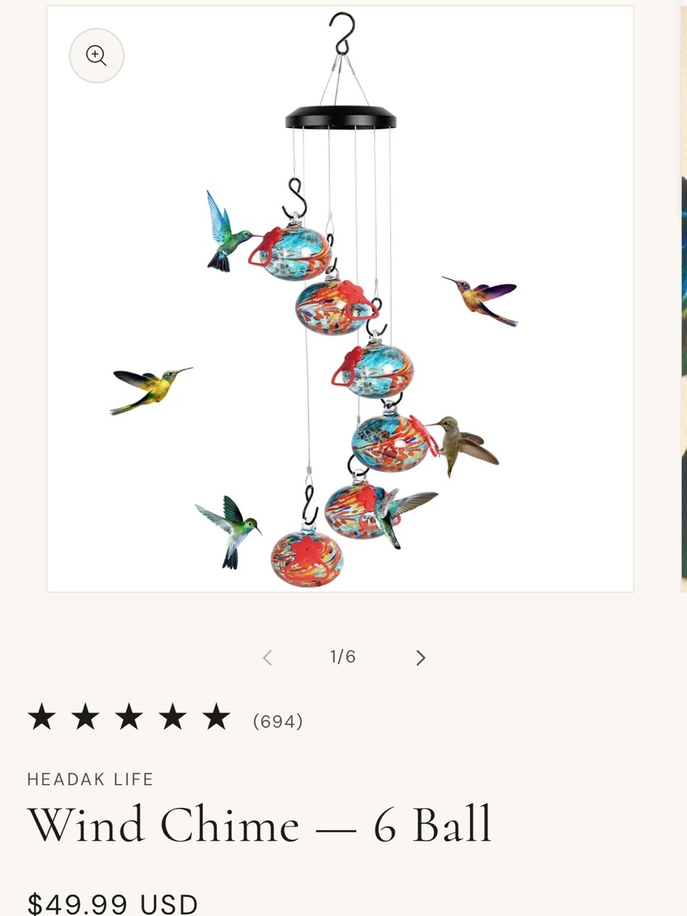 Multicolor Hanging 6-Ball Hummingbird Wind Chime